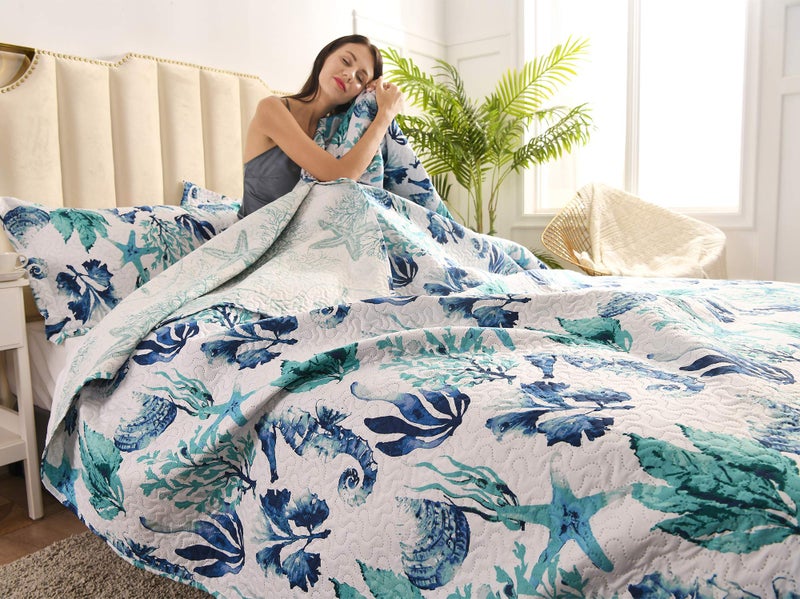 JessyHome Coastal Home Collection Twin Size Reversible Bedspread Set with Quilts, Shams - Soft, Lightweight, Tropical Ocean Pattern - Image 2